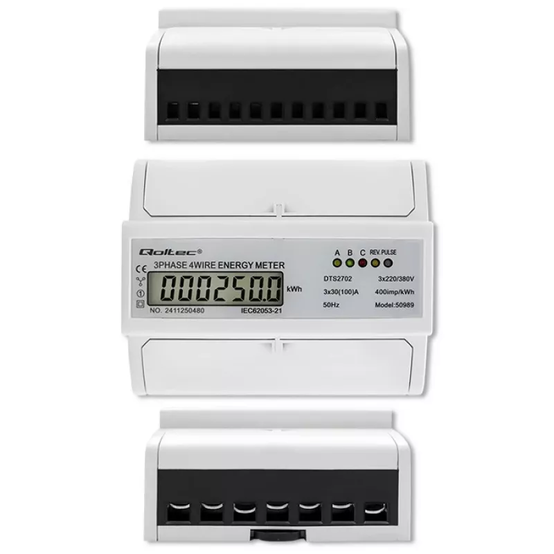 Contador eletrónico bidirecional trifásico Qoltec | Contador de consumo de energia para calha DIN | 400V | 100A | LCD | 4P