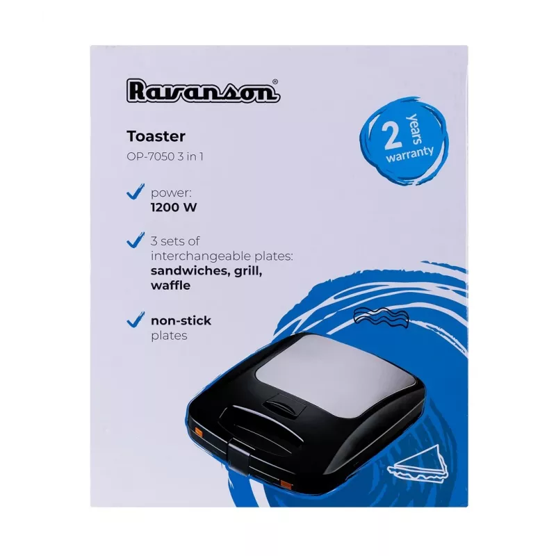 Ravanson OP-7050 Sandwicheira 3 em 1, 1200 W, Preto/Prateado