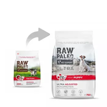 Comida seca para cães VETEXPERT RAW PALEO Ultra Mini Puppy Beef 750 g — sem cereais, proteína 30,5 %, gordura 16,5 % para raças pequenas (5–10 kg)