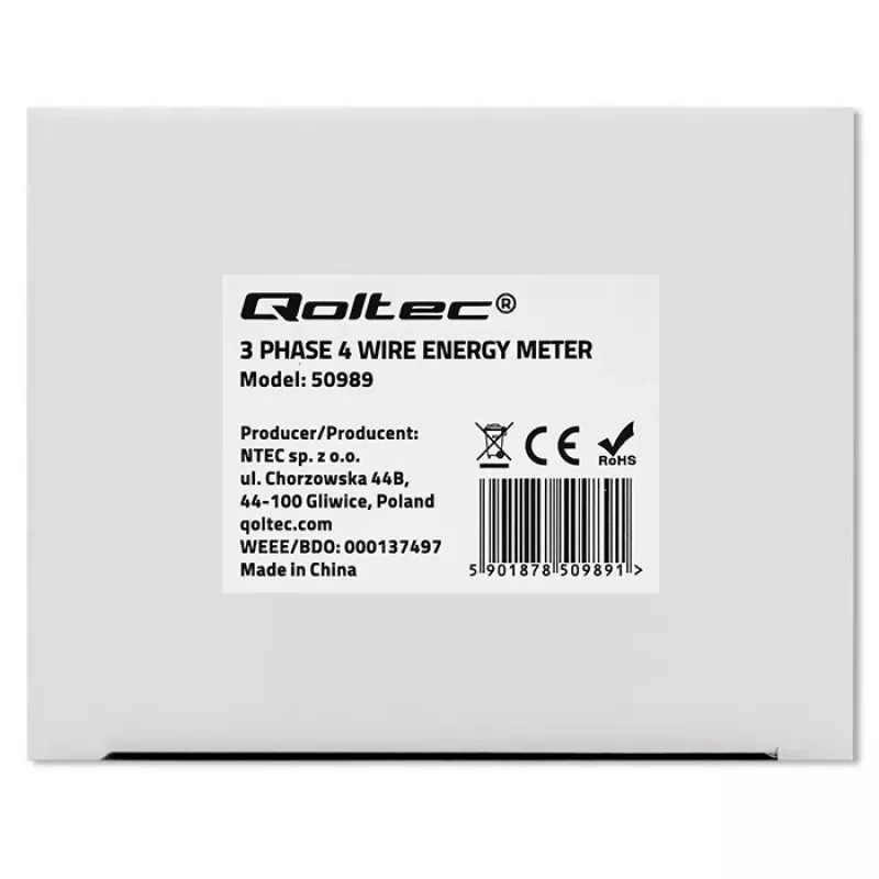 Contador eletrónico bidirecional trifásico Qoltec | Contador de consumo de energia para calha DIN | 400V | 100A | LCD | 4P