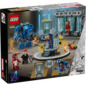 LEGO Marvel Laboratório de Armaria do Homem de Ferro 76315 conjunto de brincar – 384 peças, 5 minifiguras, área de exposição