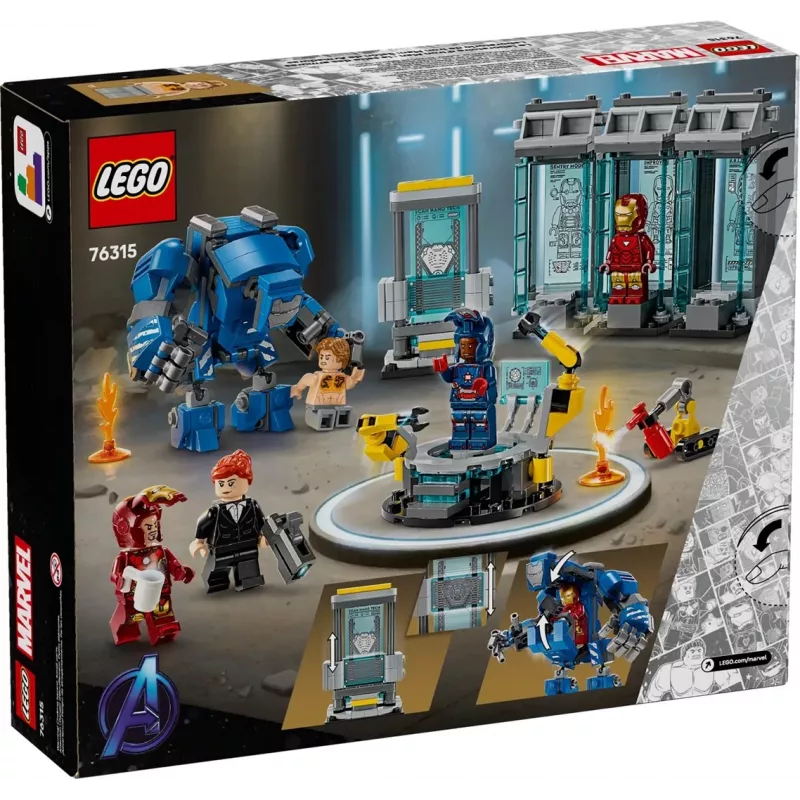 LEGO Marvel Laboratório de Armaria do Homem de Ferro 76315 conjunto de brincar – 384 peças, 5 minifiguras, área de exposição