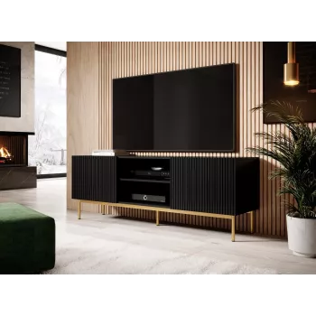 Móvel de TV Cama PAFOS sobre estrutura em aço dourado 150x40x60 cm preto mate, tampo em aglomerado