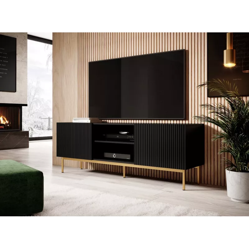 Móvel de TV Cama PAFOS sobre estrutura em aço dourado 150x40x60 cm preto mate, tampo em aglomerado