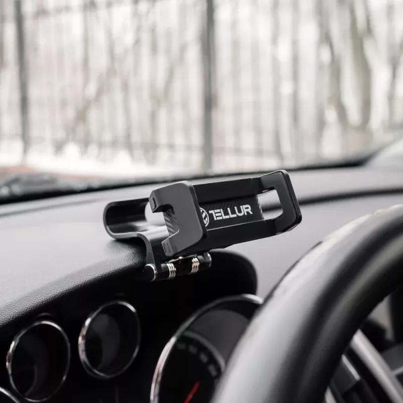 Suporte para telefone Tellur TLL171261 — suporte universal compacto para automóvel e secretária, ângulo ajustável, preto