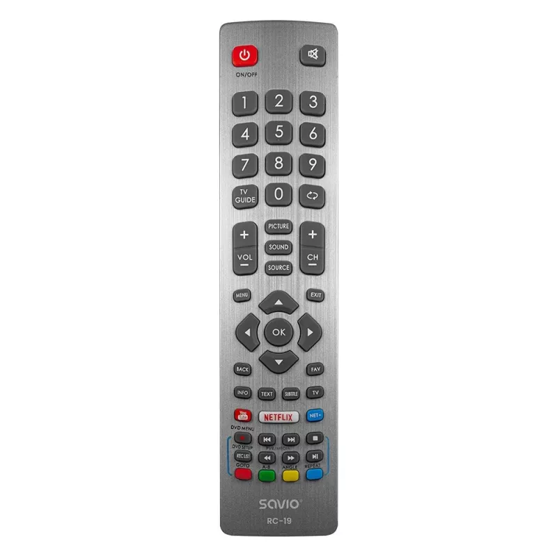 Comando à distância universal SAVIO RC-19 para Sharp, 47 botões, cinzento, alcance 10 m, caixa em plástico