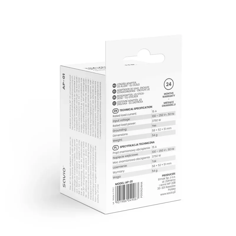 Adaptador de viagem SAVIO AP-01, tomada US – ficha EU