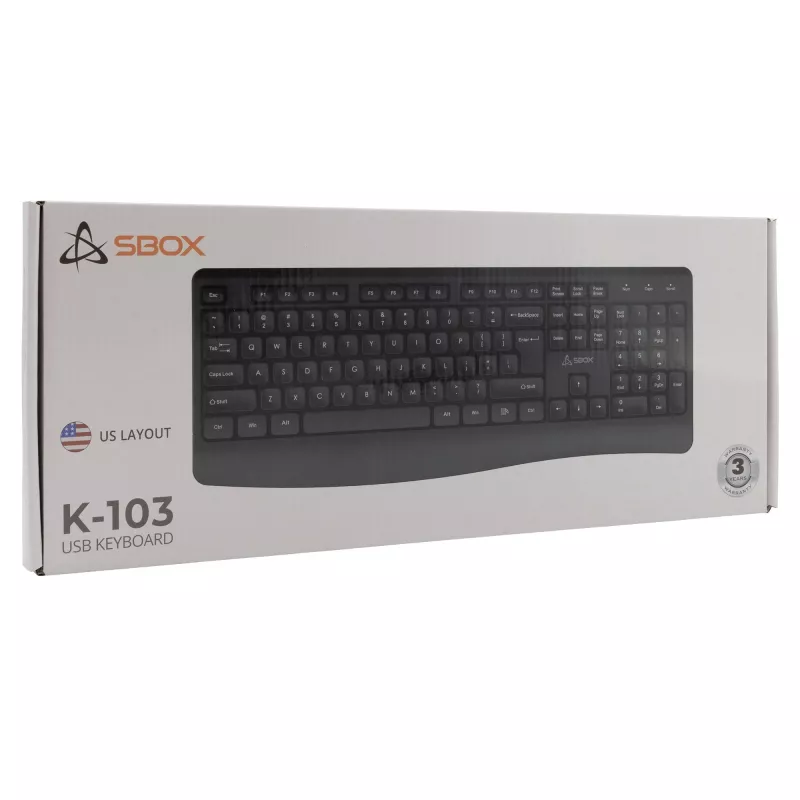 Teclado USB com fios SBOX K-103 US preto — layout US, ligação USB