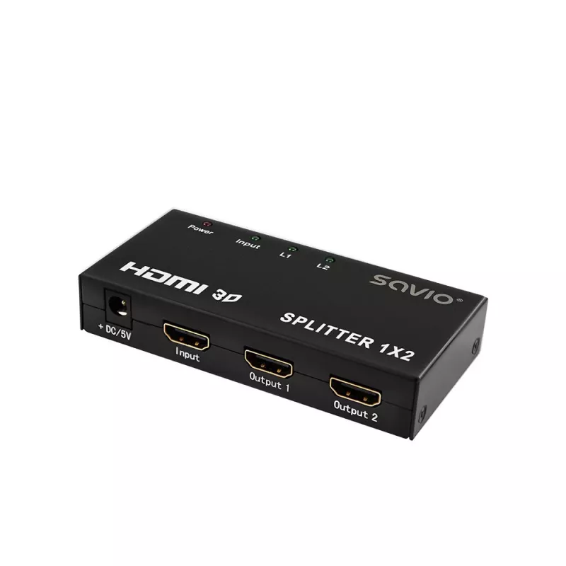 Divisor de vídeo HDMI SAVIO CL-42 — 2 saídas HDMI, 1920x1080, cor de 36 bits, caixa metálica, 5V/1A