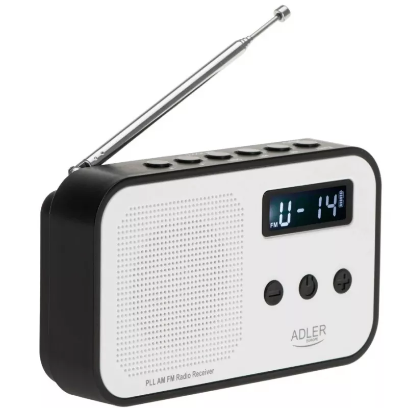 Adler AD 1907 rádio digital PLL, AM/FM, 40 estações pré-definidas, alarme com soneca, USB-C, bateria recarregável integrada, ficha de 3,5 mm, branco/preto