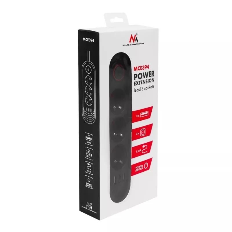 Régua de tomadas MACLEAN MCE394 B — 3 tomadas + 3×USB A, 110–240V, 2,1A USB, 2500W, cabo 1,5 m, preto