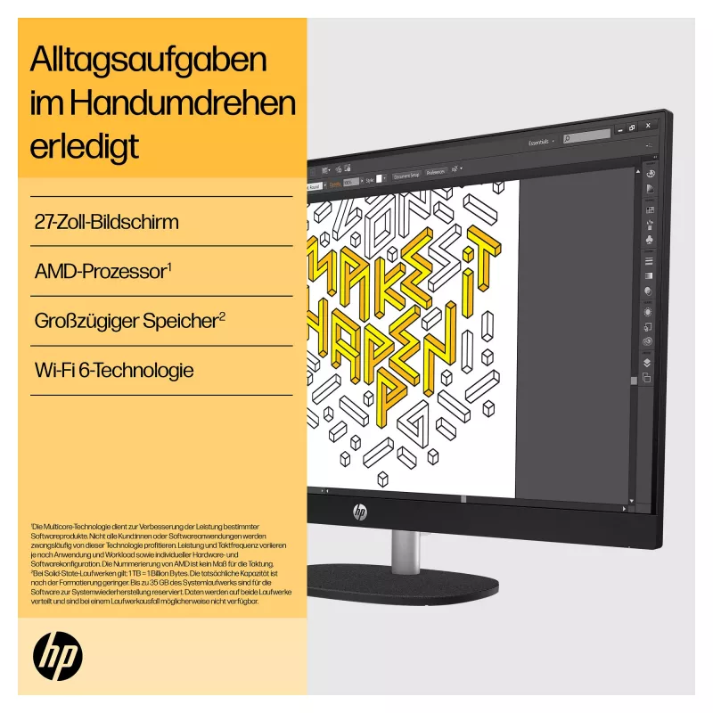 HP 27-cr0471ng - All-in-One (solução completa) - Ryzen 7 7730U - RAM 16 GB - SSD 512 GB - NVMe - Radeon Graphics - 1GbE, Wi-Fi 6, Bluetooth - WLAN: 802.11a/b/g/n/ac/ax, Bluetooth
