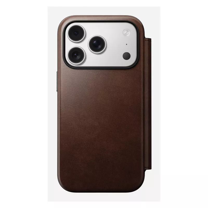 Capa para telemóvel Nomad Modern Leather Folio para iPhone 17 Pro, pele/alumínio, 16 cm (6,3 polegadas) castanha, 4 compartimentos para cartões