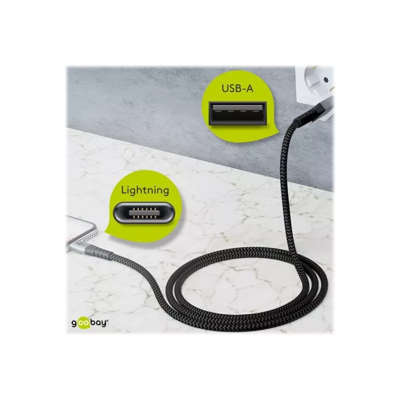 Goobay 49269 cabo USB-A para Lightning, 2 m, revestimento têxtil, fichas metálicas, certificado MFi, USB 2.0, cinzento sideral/prateado