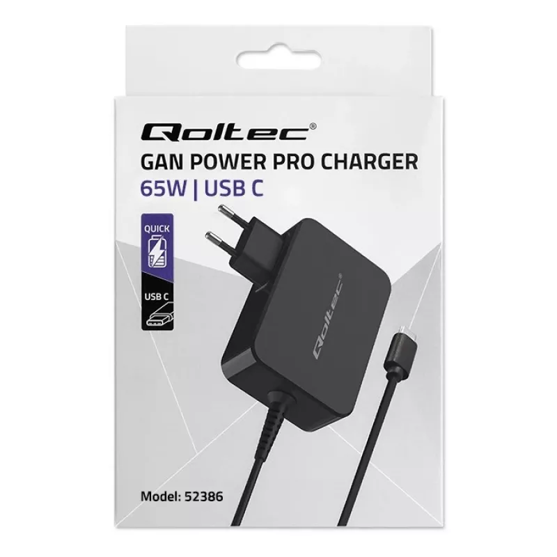 Carregador Qoltec 52386 GaN POWER PRO | 1xUSB-C | 65W | 5-20V | 3-3,25A | preto