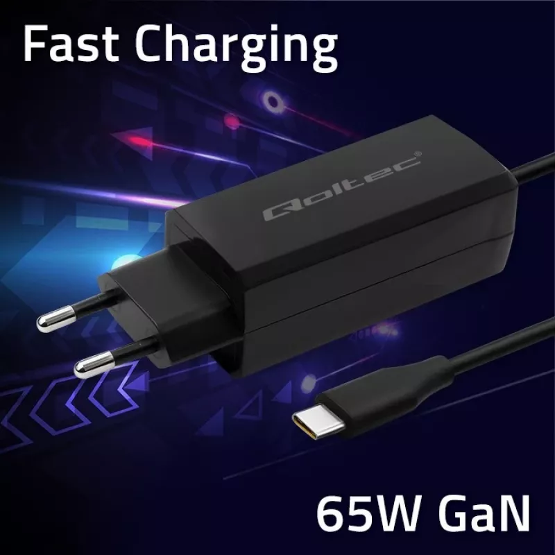 Carregador de portátil GaN QOLTEC 52419 65 W USB-C PD 5 V/20 V 3 A/3,25 A, 220–240 V, cabo 1,8 m, preto