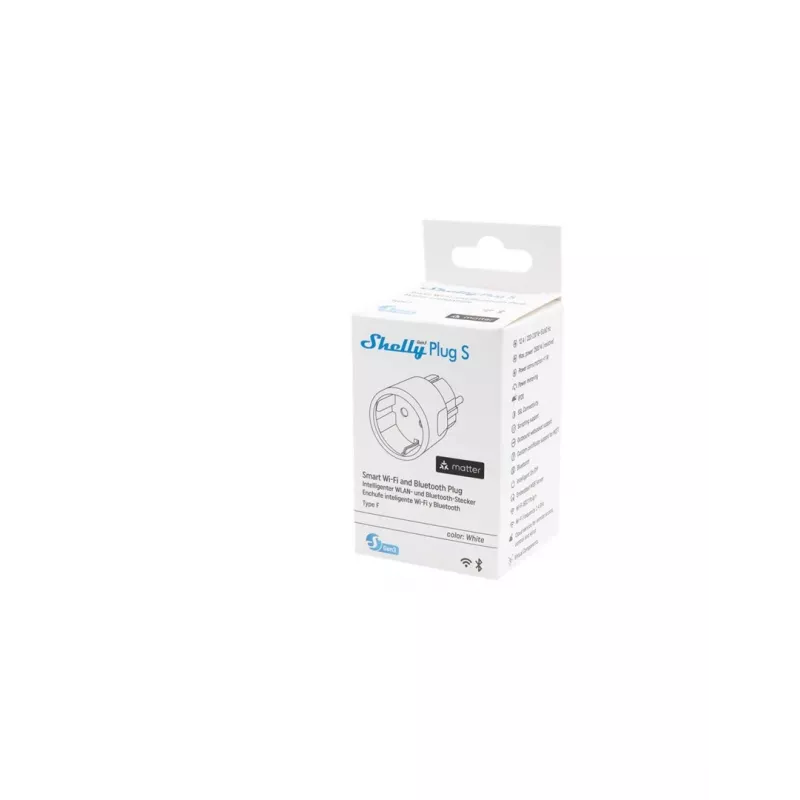 Tomada inteligente Shelly Plug S Gen3 — tomada inteligente Wi-Fi com monitorização de energia, tipo F, 110–230 V, 2500 W, branca