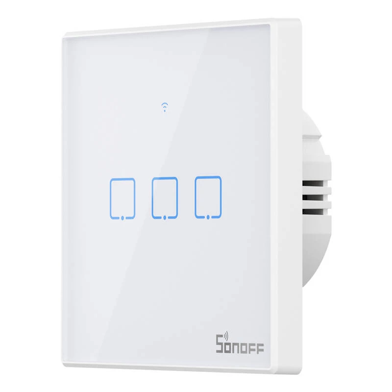 Interruptor de luz inteligente de parede Sonoff T2 EU TX 3 canais Wi‑Fi + RF 433 controlo