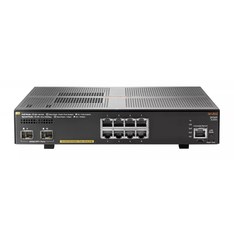 Hewlett Packard Enterprise HPE Aruba 2930F 8G PoE+ 2SFP+ - Switch - L3 - gerido - 8 x 10/100/1000 (PoE+) + 2 x 1 Gigabit/10 Gigabit SFP+ (Uplink) - montagem em rack - PoE+ (125