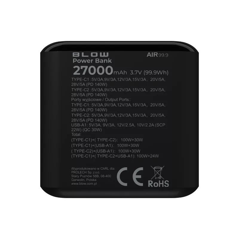 Powerbank BLOW AIR99.9 27000mAh PD 140W LCD — 2× USB-C, 1× USB-A, 27000 mAh, 140 W total