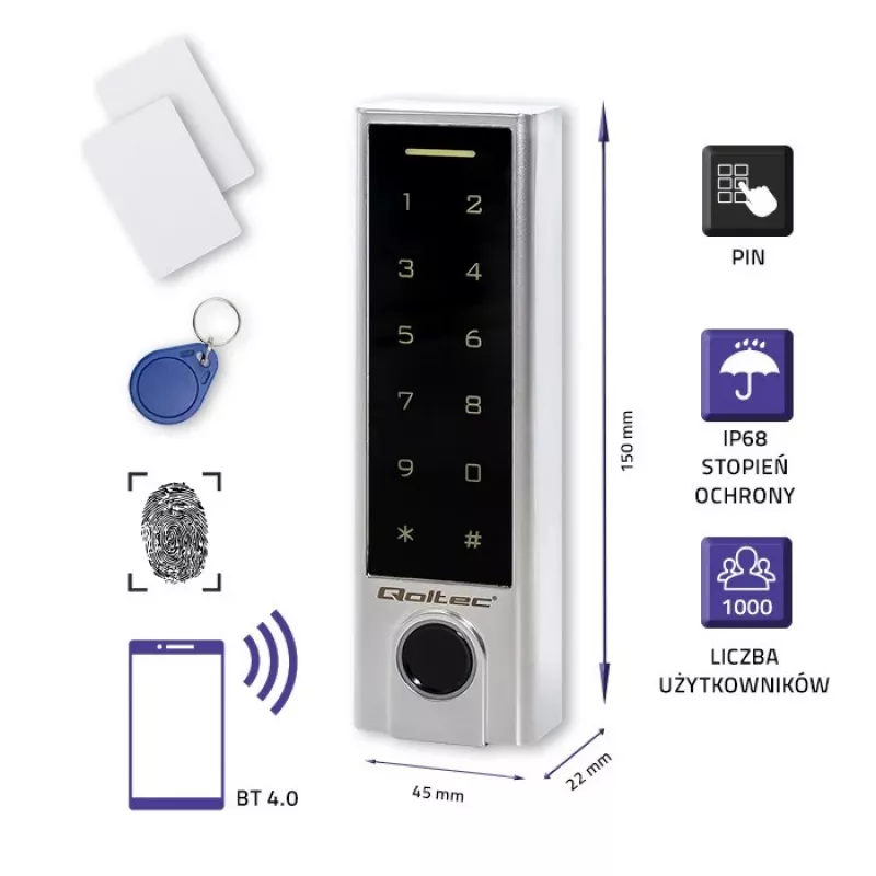 Fechadura de código Qoltec 52448 TITAN com leitor de impressão digital | RFID | BT 4.0 | código | cartão | porta-chaves | campainha | IP68 | EM