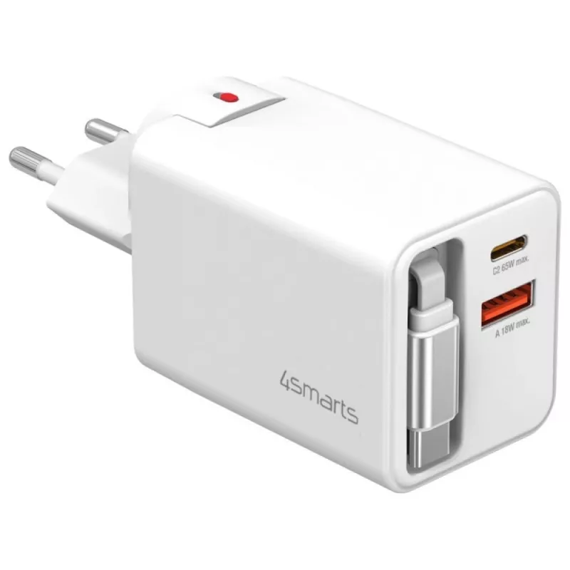4smarts 541065 GaN Flex Jojo 65W carregador de parede, 2x USB-C PD + USB-A QC 3.0, cabo USB-C retrátil, 100-240V, branco