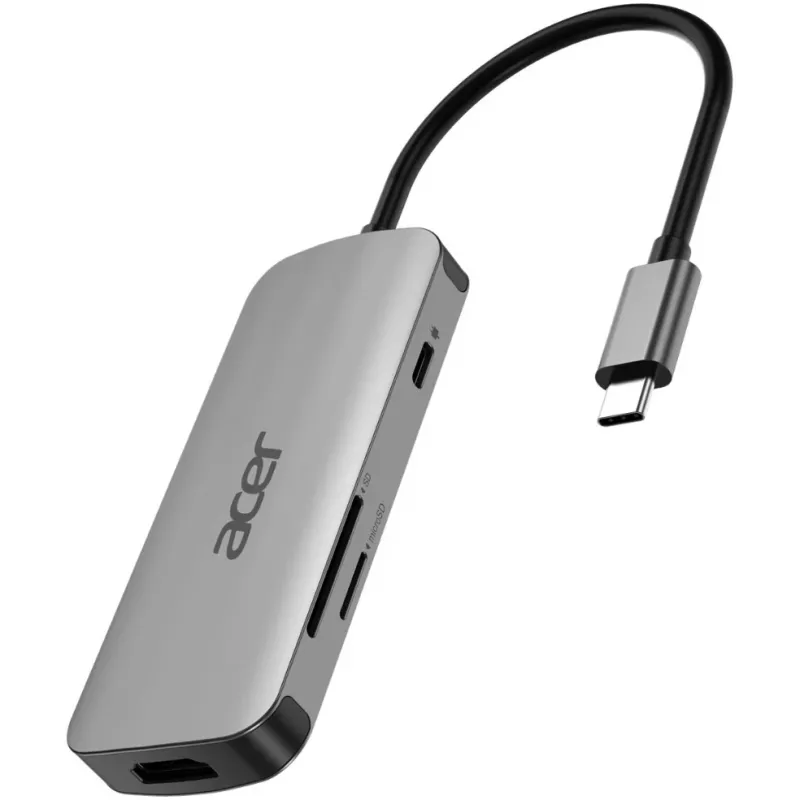 Dongle USB-C 7 em 1 Acer — USB 3.2 Gen 1 Type-C, 3x USB-A, HDMI, SD/MicroSD, 100W PD, prateado