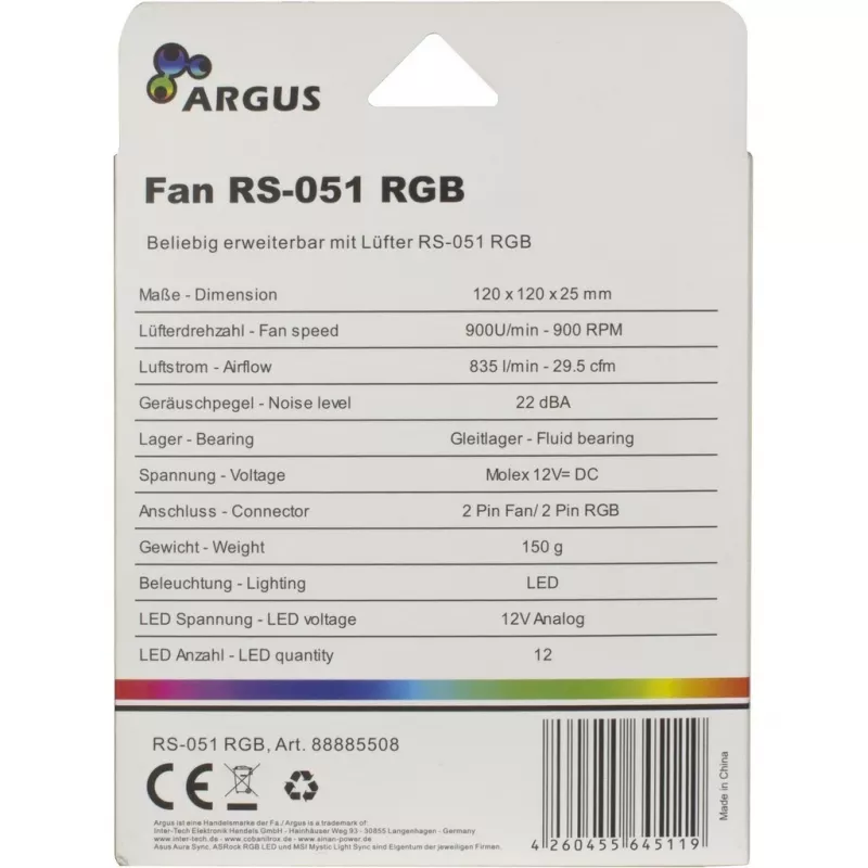INTER-TECH Argus RS-051 RGB ventoinha de caixa de 120 mm, 900 rpm, preta