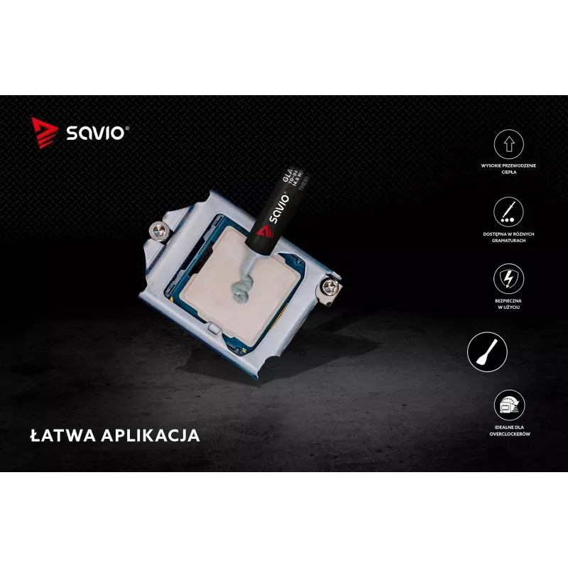 Pasta térmica SAVIO TG-04 4 g — condutividade térmica 14,5 W/m·K, temperatura de funcionamento -250 a 300 °C, cinzento