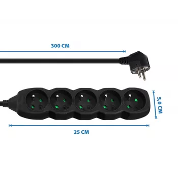 Extensão elétrica ESPERANZA ELK208K — 5 tomadas, cabo de 3 m, preta
