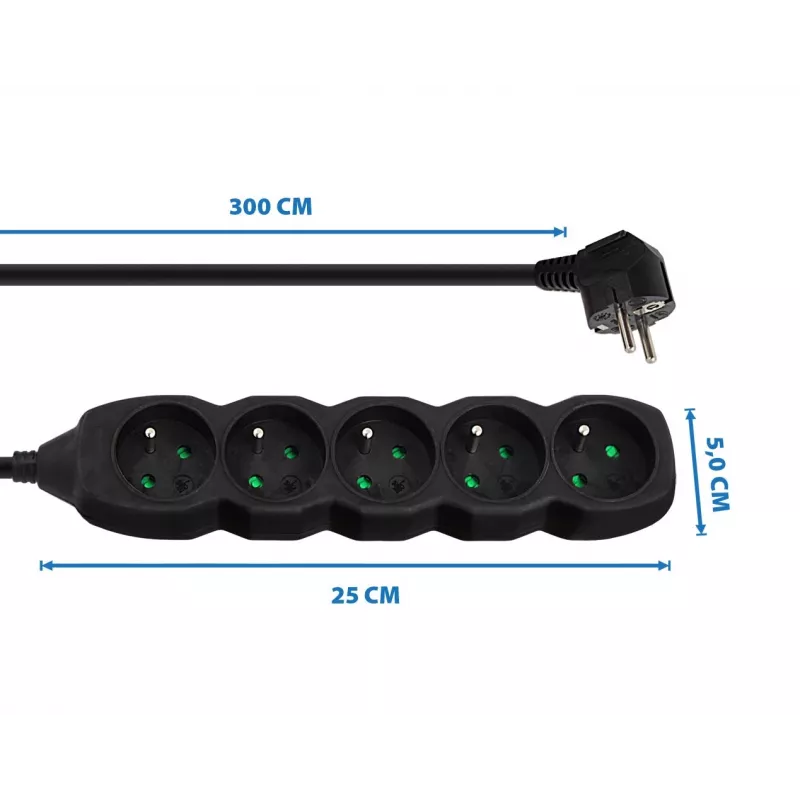 Extensão elétrica ESPERANZA ELK208K — 5 tomadas, cabo de 3 m, preta