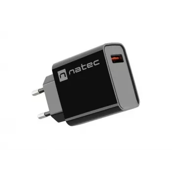 Carregador rápido de CA para interiores NATEC, com fios, Ribera – 18 W (5–15 V, até 3 A), 1× USB-A, Huawei FCP/SCP, preto