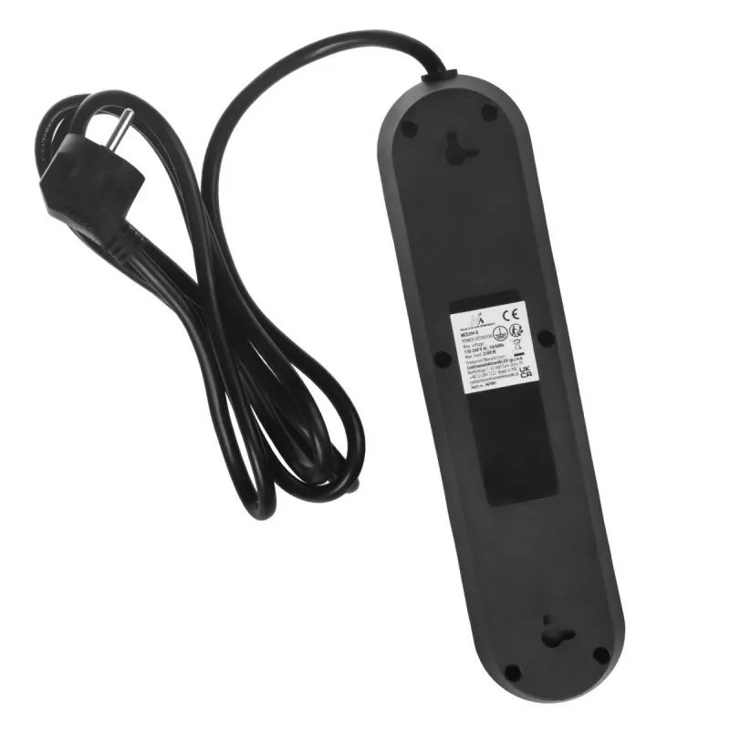 Régua de tomadas MACLEAN MCE394 B — 3 tomadas + 3×USB A, 110–240V, 2,1A USB, 2500W, cabo 1,5 m, preto