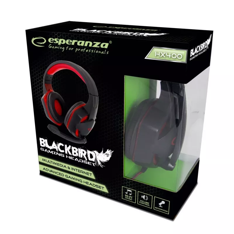 Headset gaming ESPERANZA BLACKBIRD, microfone, USB/Jack 3,5 mm, preto/vermelho