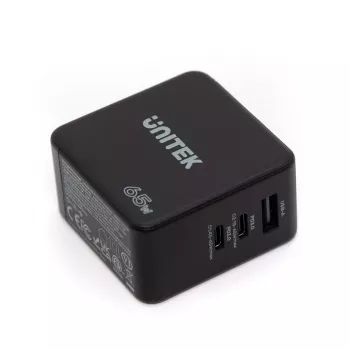 Carregador universal móvel Unitek P1117B USB-C PD 65W, 2x USB‑C PD + 1x USB‑A, preto