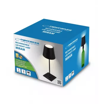 Candeeiro de secretária LED ESPERANZA ELD119K Preto — 3W, 4000K, 200 lm, USB-C, bateria 2400 mAh, 400 mm de altura