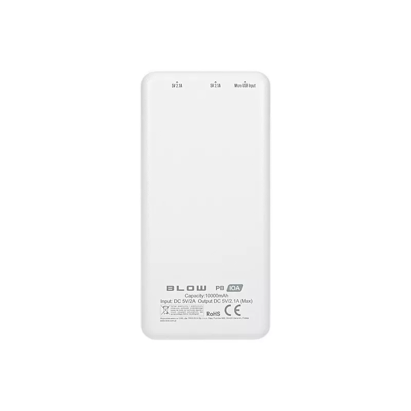 Blow PB10A power bank 10000 mAh, 2x USB (1A + 2,1A), entrada micro USB, Li-Po, branco