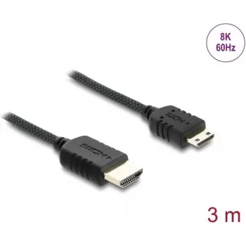 Cabo HDMI DELOCK 3 m — tipo A (macho) para tipo C (Mini) (macho), 48 Gbit/s, até 7680×4320, contactos dourados, preto