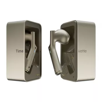 Tradutor In-Ear Timekettle W4 AI dourado — auscultadores de interpretação simultânea