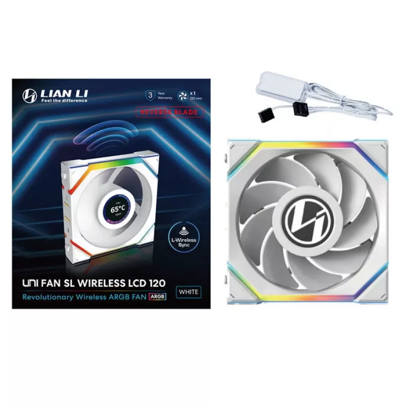 Lian Li UNI FAN SL Wireless LCD 120 Reverse Blade ventoinha para caixa, ARGB, PWM, 120 mm, branca