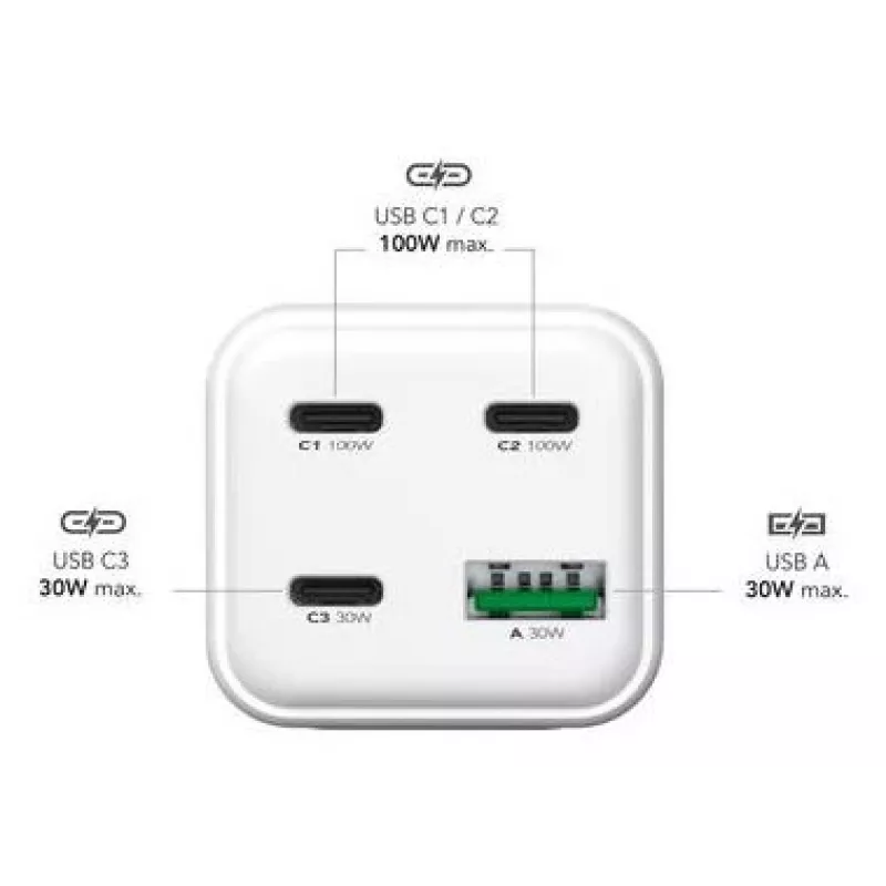 Carregador móvel MediaRange MRMA124 100W AC, 3x USB-C, entrada 100–240V, cabo de 1,5 m, branco