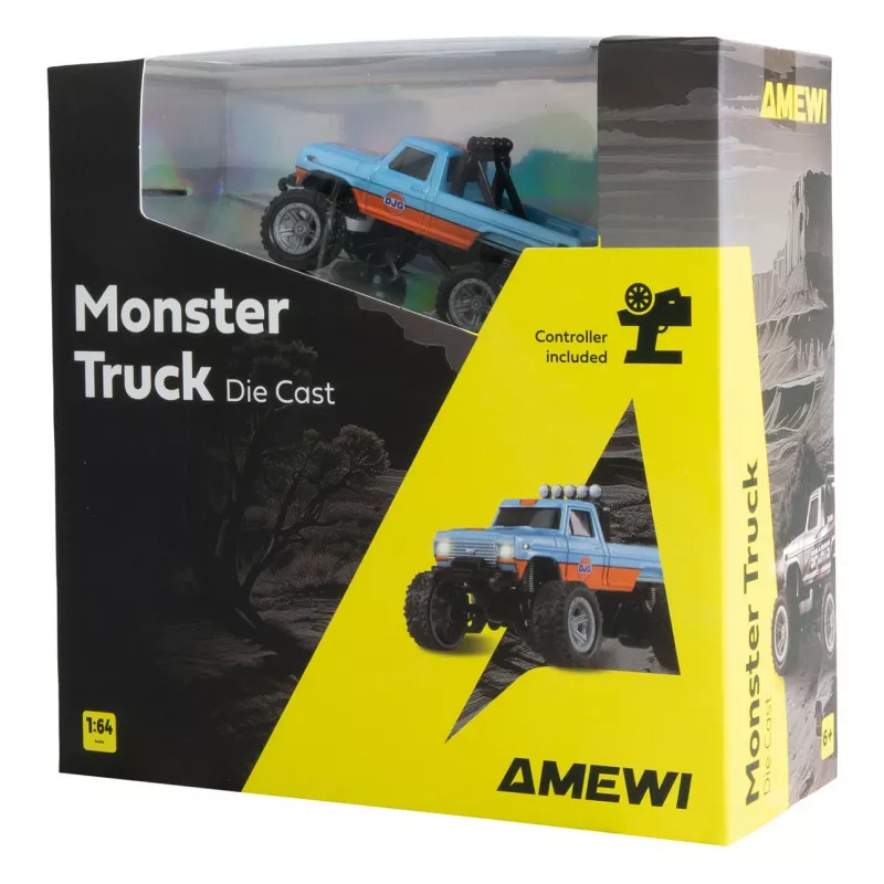 Monster Truck radiocontrolado Amewi DieCast 1:64 RTR, azul/laranja