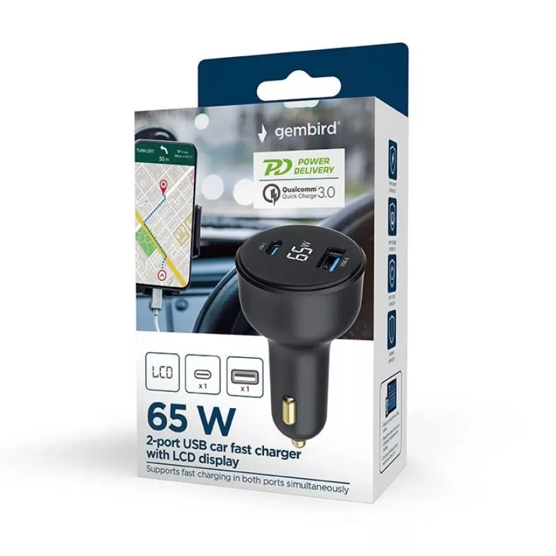 carregador de telemóvel para carro USB 2PORT/TA-UC-AC2PD30LCD-CAR01 GEMBIRD