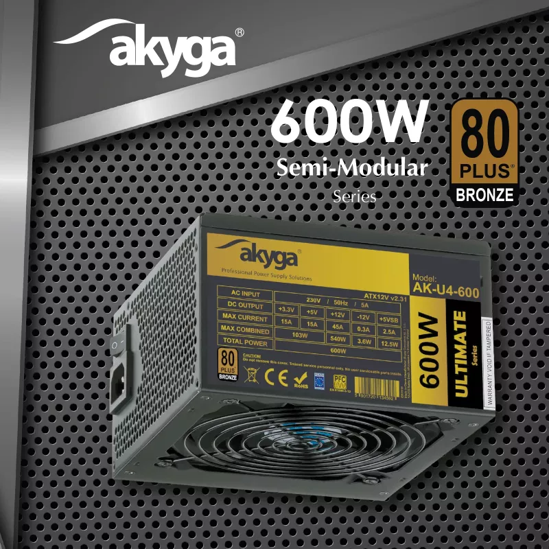 Fonte de alimentação ATX Akyga Ultimate AK-U4-600 600 W, 80 PLUS Bronze, PFC ativo, ventoinha de 120 mm