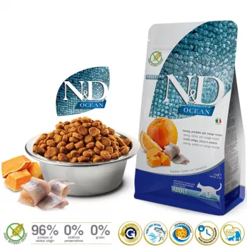 Ração seca para gatos Farmina arenque abóbora laranja Adult 1,5 kg – 44 % proteína, 20 % gordura, sem glúten e sem soja