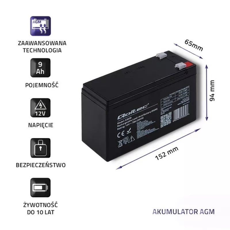 Bateria UPS QOLTEC 53031 12V 9Ah verde, 152×94×65 mm, 2,35 kg