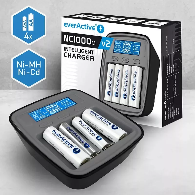 everActive NC-1000M V2 carregador de pilhas, Ni-MH, 4 ranhuras AA/AAA, USB-C, preto