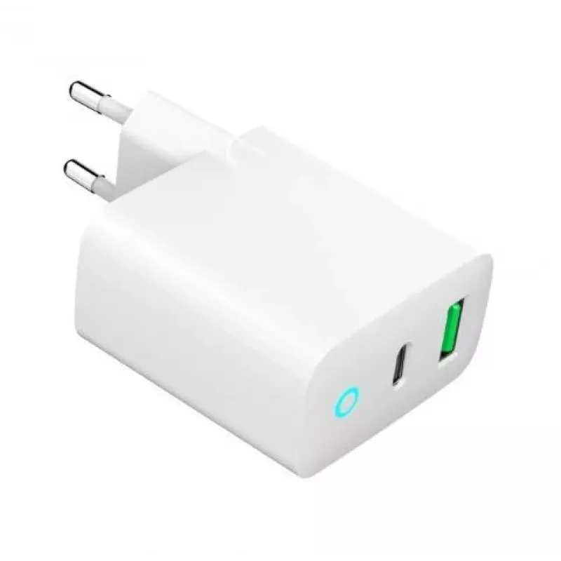 Carregador de rede 220V GEMBIRD, universal, 1x USB Type-C PD 20 W, 1x USB-A 3.0 QC 18 W, indicador LED, branco