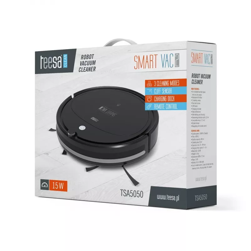 Aspirador robô TEESA Smart VAC 2 — redondo, preto, potência de aspiração 1000 Pa, bateria Li 9,6 V/2000 mAh, depósito de pó 0,2 l, WLAN, regresso automático