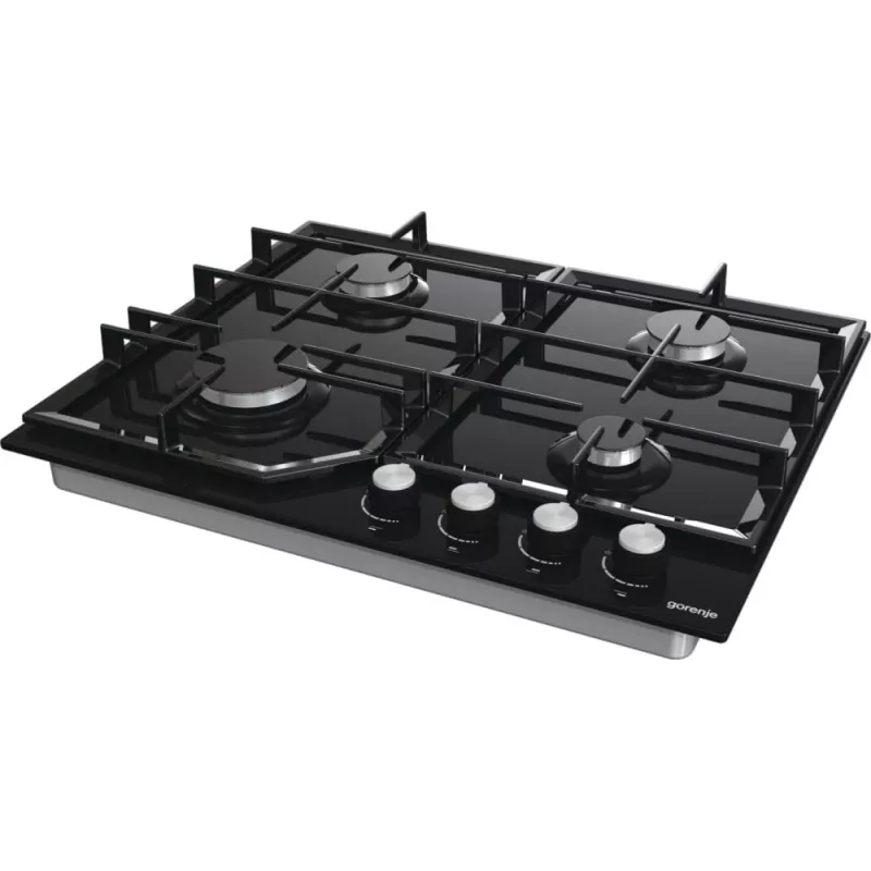 Fogão a gás Gorenje GT641KB, encastrar 60 cm, 4 zonas a gás, vidro temperado, grelhas de ferro fundido, botões rotativos